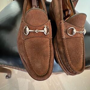 Gucci Brown Suede Loafers with Silver buckles